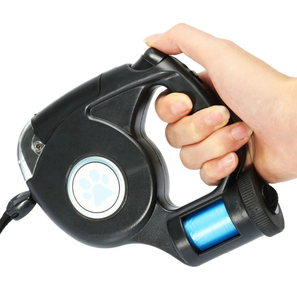 Retractable Dog Leash with LED flashlight and Poop Bag Dispenser All-In-One