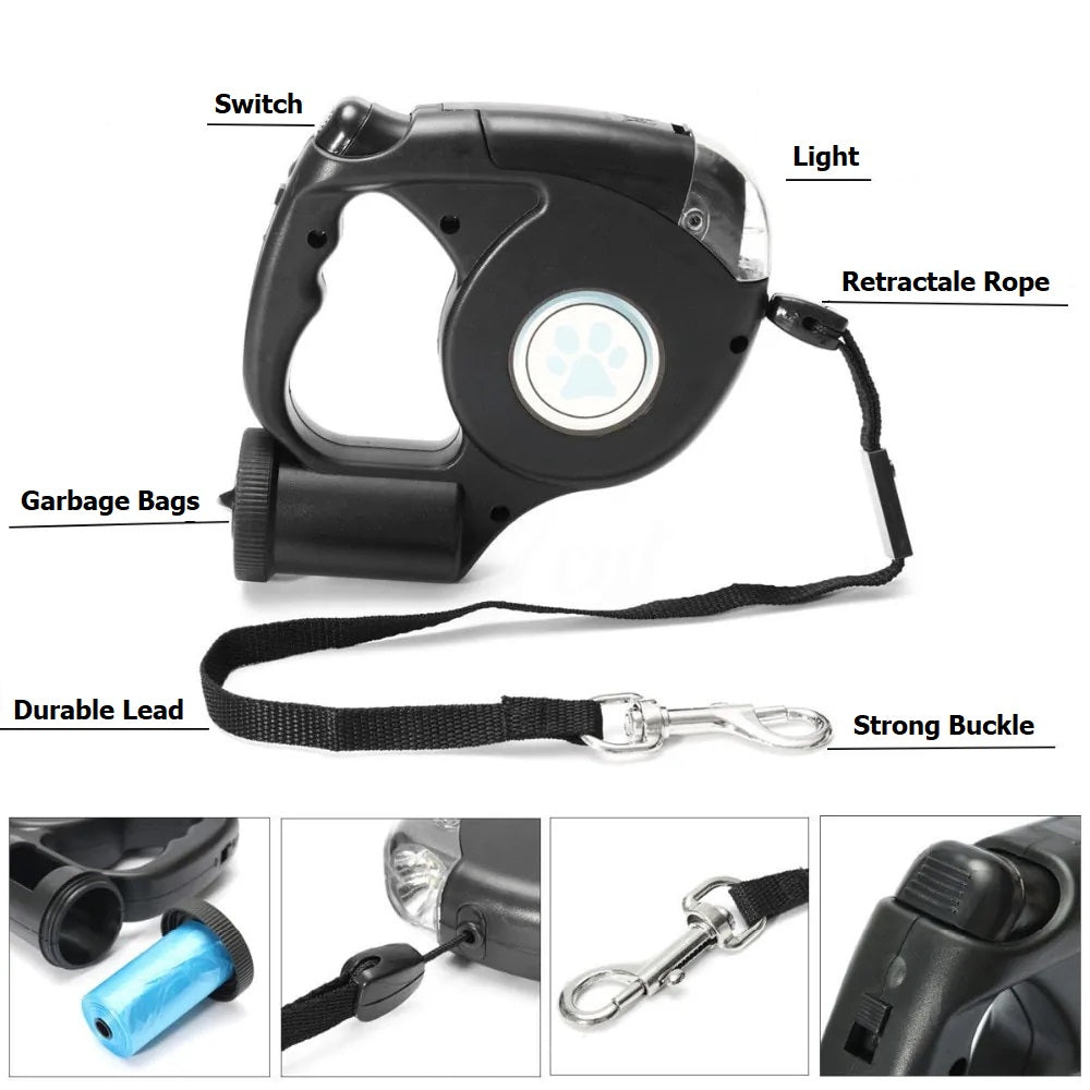 Retractable Dog Leash with LED flashlight and Poop Bag Dispenser All-In-One