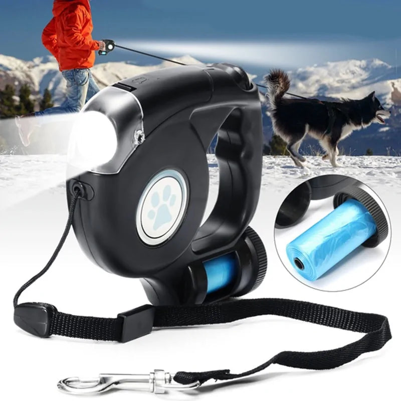 Retractable Dog Leash with LED flashlight and Poop Bag Dispenser All-In-One