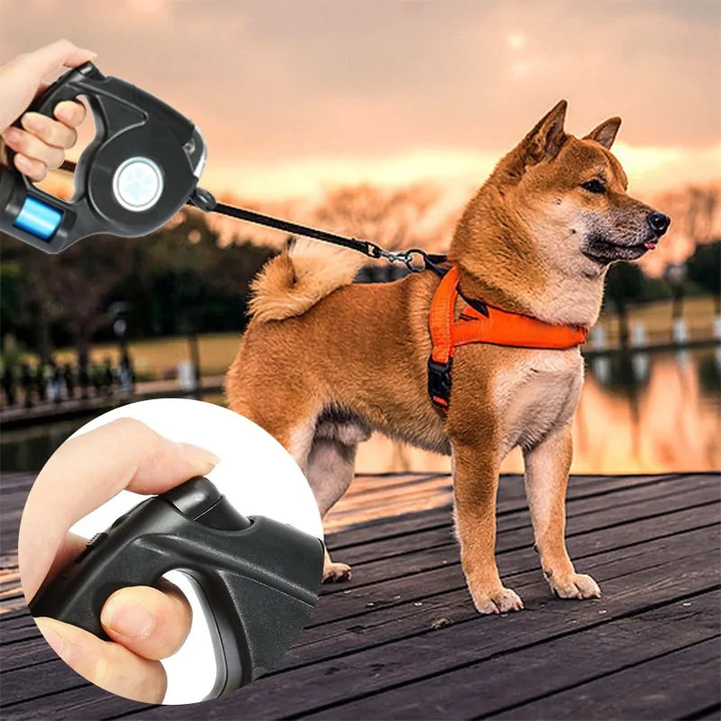 Retractable Dog Leash with LED flashlight and Poop Bag Dispenser All-In-One